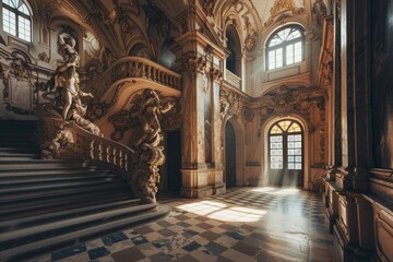 Obraz premium Magnificent Baroque-Inspired Interior of an Opulent Palace with Grand Staircase and Ornate Architectural Details