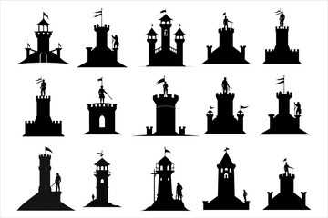 silhouette of the castle bundle set, Ancient castle silhouette bundle, Castle with towers fortified walls gates weather vanes and tiled roofs  