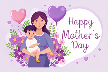 Vector illustration in flat simple style - happy mother's day greeting card