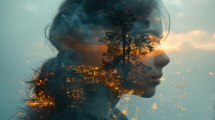 A woman with a tree in the background and city lights, AI