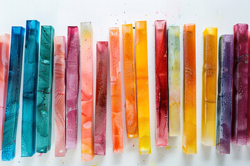 A collection of watercolor wax resist sticks, each allowing for creative textural effects in painting, displayed on a white canvas.