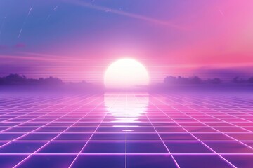 Mesmerizing Retro Futuristic Sunset Landscape with Gradient Grid Background