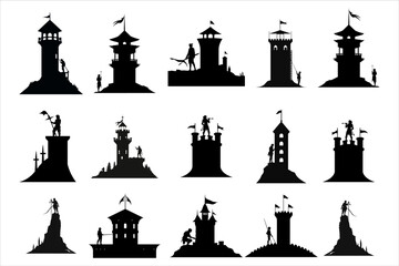 silhouette of the castle bundle set, Ancient castle silhouette bundle, Castle with towers fortified walls gates weather vanes and tiled roofs  