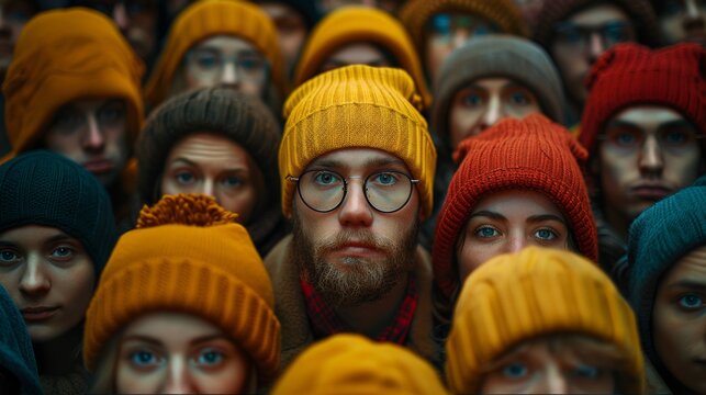 A group of people wearing hats and glasses are looking at the camera, AI