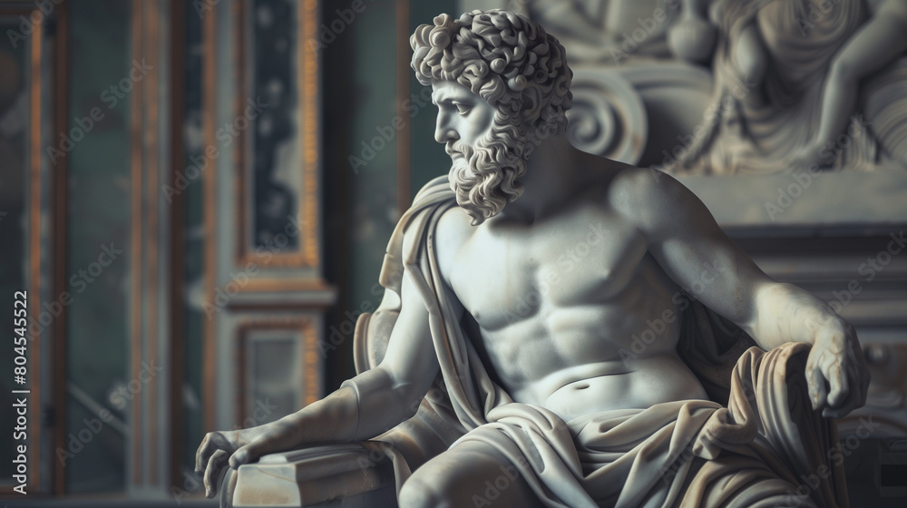 Wall mural statue of an epic stoic emperor in a roman toga on his throne, philosophically meditating against a 