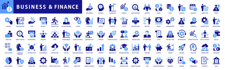 Finance icon set. With Concepts like Profit, Losses, Stock, Tax, Exchange, Budget, Funds, Earnings, Money and Revenue icons. Blue Colored Outline Icons Collection