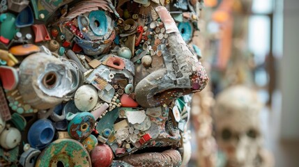 A closeup of a sculpture made entirely out of recycled materials showcasing the creativity and innovation of the artist.