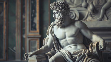 Obraz premium Statue of an epic stoic emperor in a Roman toga on his throne, philosophically meditating against a background adorned with reliefs in white marble. Wallpaper of wisdom, intelligence, and leadership.
