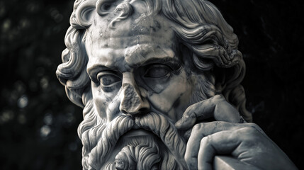 Classical marble sculpture of the head of an old greek man with beard with a detailed face and a hand, isolated over a dark foliage background.