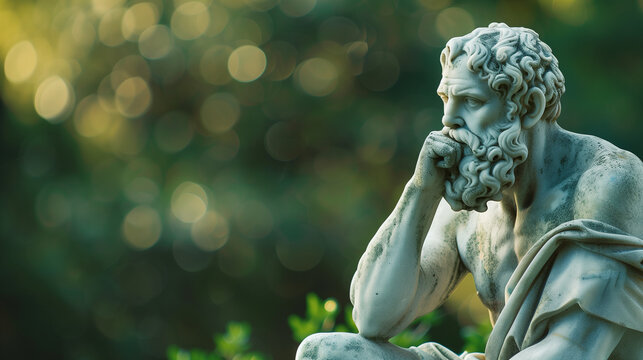 Weathered marble statue of an old bearded thinker, contemplating life. Wallpaper featuring a Greek philosopher carved in white stone with a blurred background of a park's natural scenery with trees