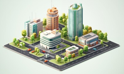 Isometric 3D Urban Landscape Vector Featuring Unique Structural Designs in Buildings.