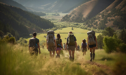 Friends group tour on a scenic hike during their vacation, surrounded by breathtaking mountains nature and endless adventure.