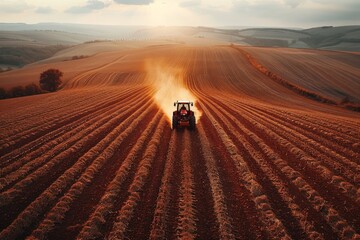 A red tractor working the land in a vast golden field against the backdrop of a dramatic sunset