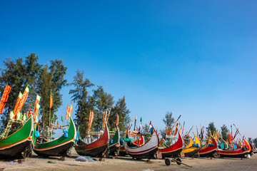 Traditional Wooden Fishermen's fishing boat, Inani Beach, Coxs bazar, Bangladesh. Colorful Wooden...