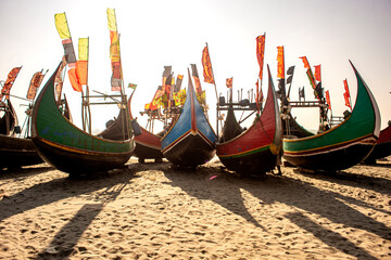 Traditional Wooden Fishermen's fishing boat, Inani Beach, Coxs bazar, Bangladesh. Colorful Wooden...