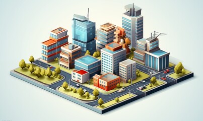 Isometric 3D Urban Landscape Vector Featuring Unique Structural Designs in Buildings.