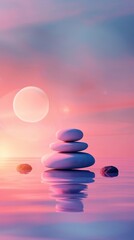 Serene Zen Stones Stacked on Tranquil Reflective Water with Gradient Sky Backdrop for Wellness Retreat
