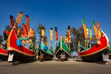 Traditional Wooden Fishermen's fishing boat, Inani Beach, Coxs bazar, Bangladesh. Colorful Wooden...