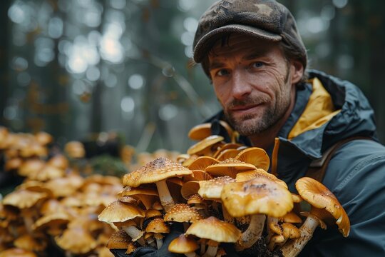 A man in outdoor gear cradling a large cluster of wild mushrooms in the forest with a subtle smile