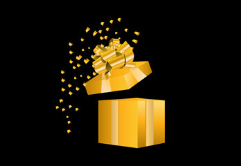 Golden open gift box with bow and ribbon, gold confetti on black background. Annversary, birthday, surprise, holiday celebration vector illustration.
