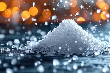 A pile of coarse salt grains stands out with a warm, soft bokeh background, evoking a sense of warmth despite the cold subject