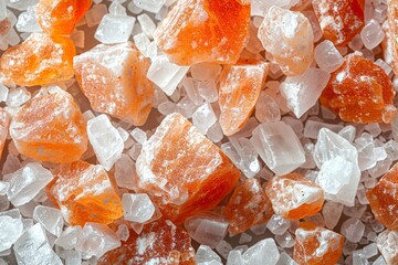 Vivid orange tinted rock salt crystals pictured up close, showcasing the texture and color variations