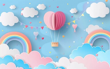 Kids, travel, travel, valentine's day sale header or voucher cute template with balloons, very beautiful rainbow hanging