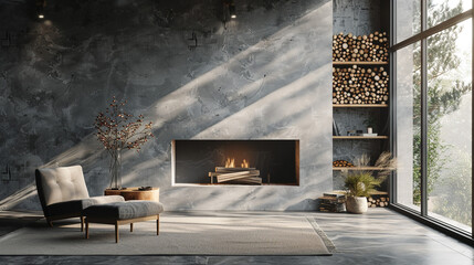 Scandinavian living room interior, empty wall, fireplace with firewood