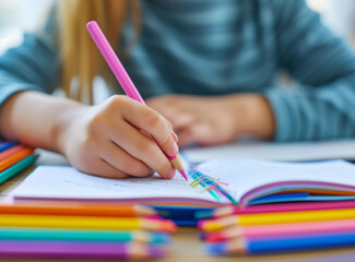 child learning lessons, close-up on hands and notebooks, with copy space