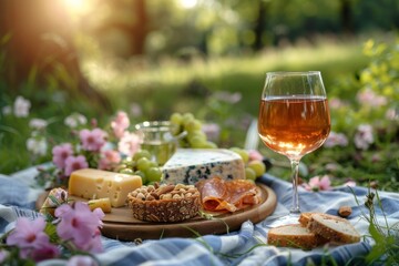 An elegantly arranged wine and cheese board set outdoors amongst blooming flowers and greenery