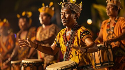 A group of individuals engaging in drumming, creating rhythmic beats and musical sounds.