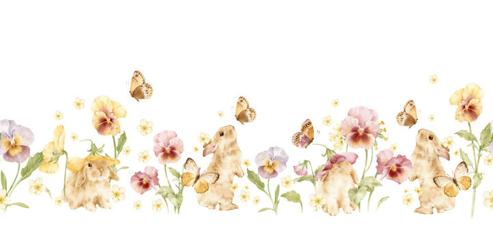 Watercolor floral seamless border with cute bunnies. Butterfly and pansy flowers 