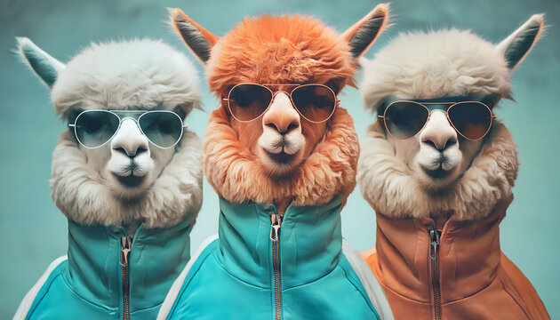 drei, Alpakas, neu, sportlich, hipster, close up, cartoon, joggers, freunde, cartoons, spa&szlig;, komisch, legere, l&auml;ssig, Trainingsjacke, sport, hip hop, g&auml;ngster, t&uuml;rkis, 3d, vibrant, farbig, bunt, y2k,