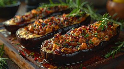 Mediterranean Stuffed Eggplant with Savory Toppings. Succulent Mediterranean-style stuffed eggplant garnished with caramelized onions, herbs, and pomegranate seeds on a wooden board.