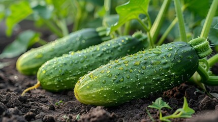 Three cucumbers with water droplets on them are growing in the dirt, AI