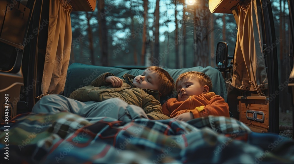 Wall mural cozy children napping in camper during road trip.