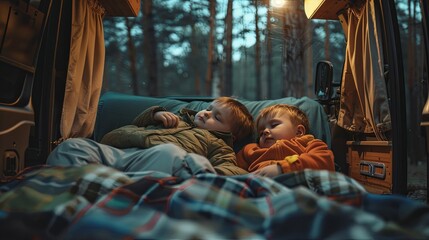 Cozy Children Napping in Camper During Road Trip.
