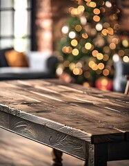a rustic dusty dark black empty wooden grain shiny polished stage table as the focal point against a blurred background