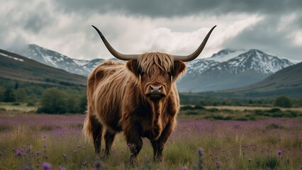 Scottish highland cow in the field with purple flowers