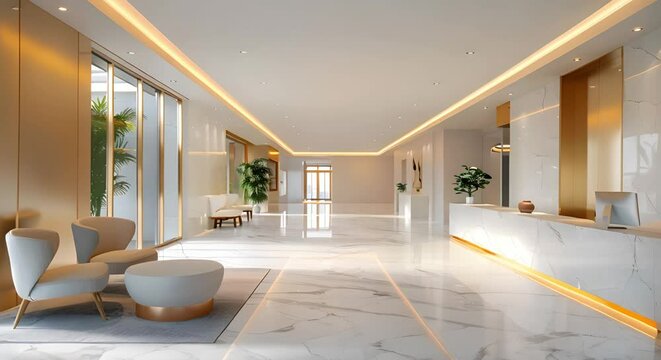 Contemporary medical office featuring an empty hospital corridor and waiting room. Concept Medical Office Design, Hospital Corridor, Waiting Room Decor, Contemporary Interior, Healthcare Facilities