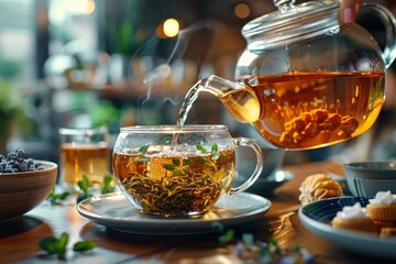 A natural and appetizing tea pouring scene that includes vibrant green leaves and hints of herbal freshness