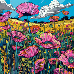 Cartoon Poppies in Landscape 