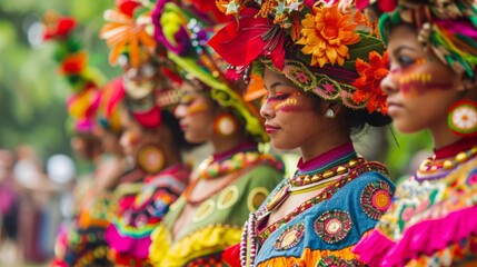 A group of women wearing vibrant, colorful costumes standing together.