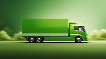Green truck on the road, electric vehicle, concept of clean fresh transportation, environmentally green power