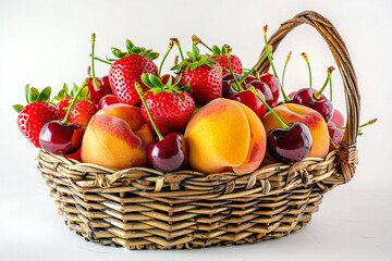 A mix of summer fruits, including strawberries, cherries, and peaches, in a charming wicker basket, isolated on a white background.