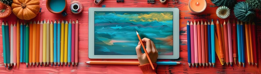 An artist's hand drawing on a tablet with a stylus. The tablet is on a red table surrounded by colored pencils, a candle, a plant, and other art supplies.