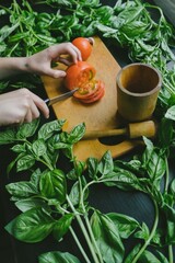 Farm-to-Table Cooking: Woman Slicing Tomato on Cutting Board Surrounded by Fresh Green Leaves in 4K...