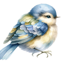 Fototapeta premium A watercolor painting of a cute blue bird with a yellow belly and a blue head.