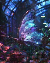 A glowing cybernetic butterfly, with transparent wings, fluttering in a neon-lit botanical dome