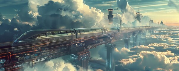 A high-tech train station in the sky, with transparent platforms and trains traveling through clouds